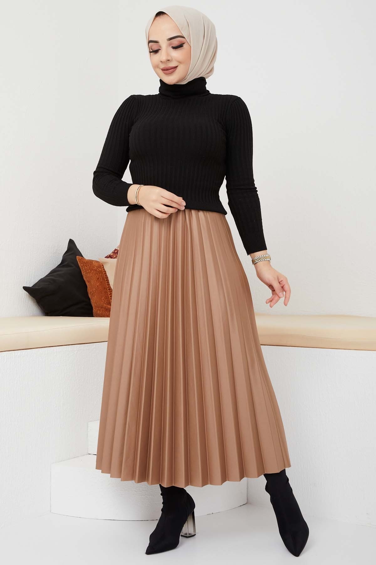 Pliseli Deri Etek - Camel