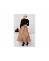 Pliseli Deri Etek - Camel