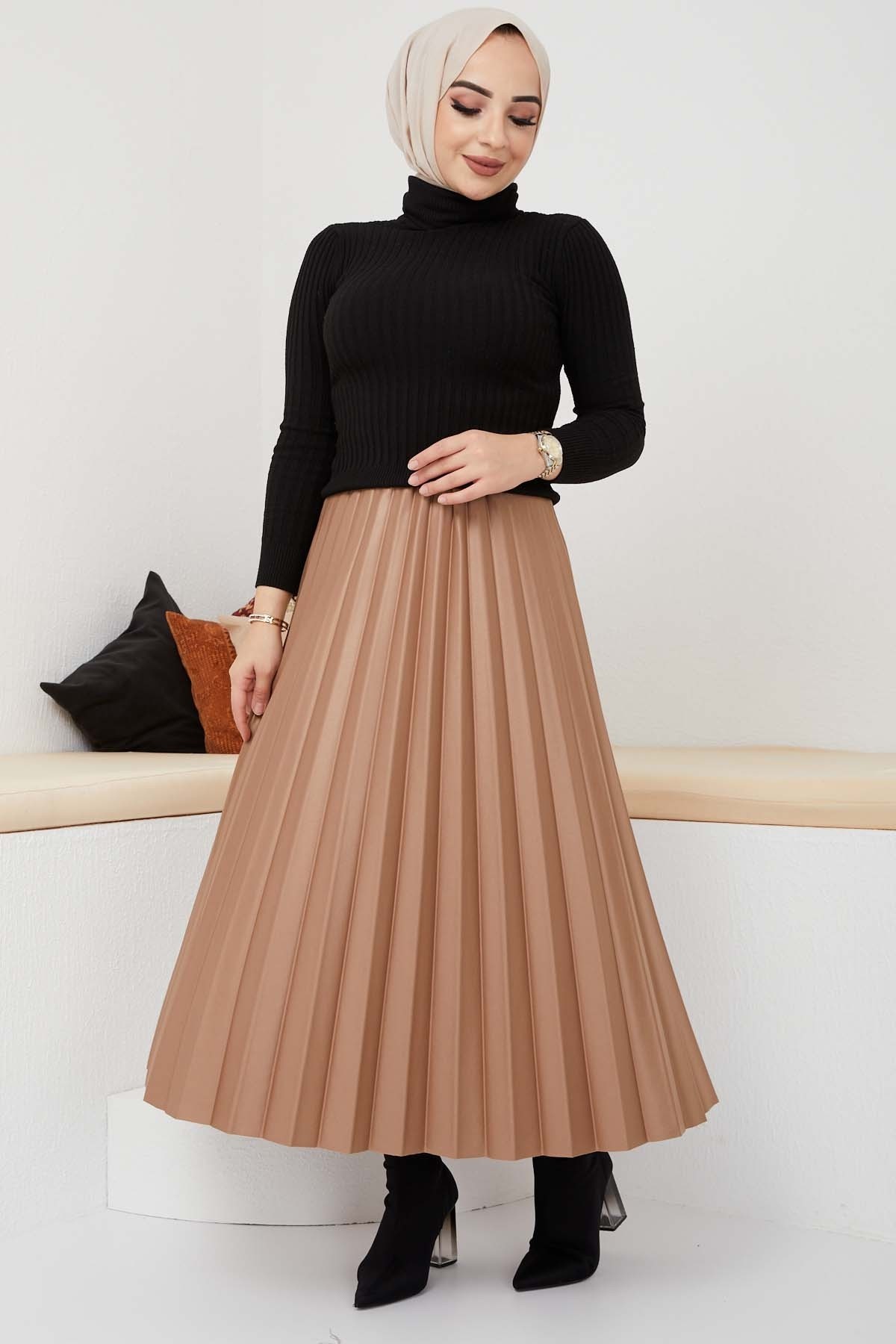 Pliseli Deri Etek - Camel