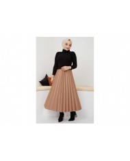 Pliseli Deri Etek - Camel