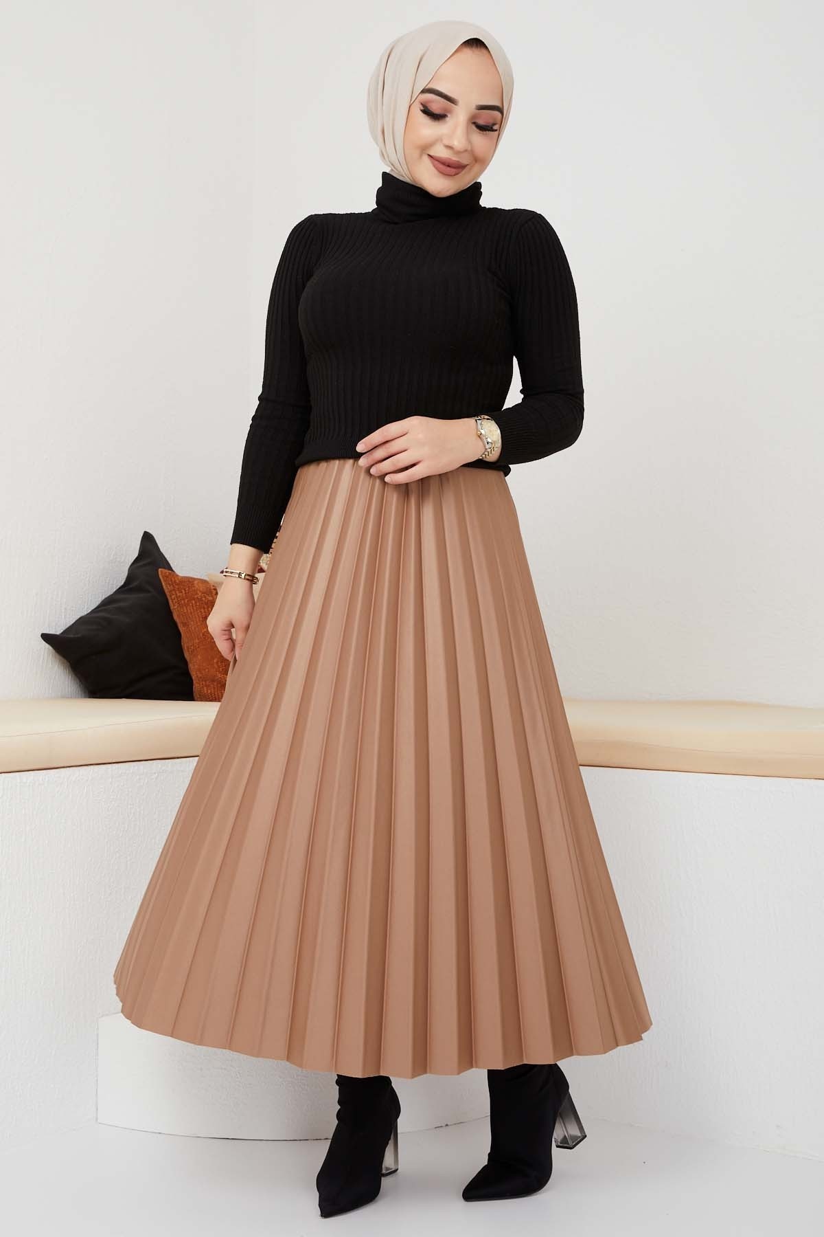 Pliseli Deri Etek - Camel