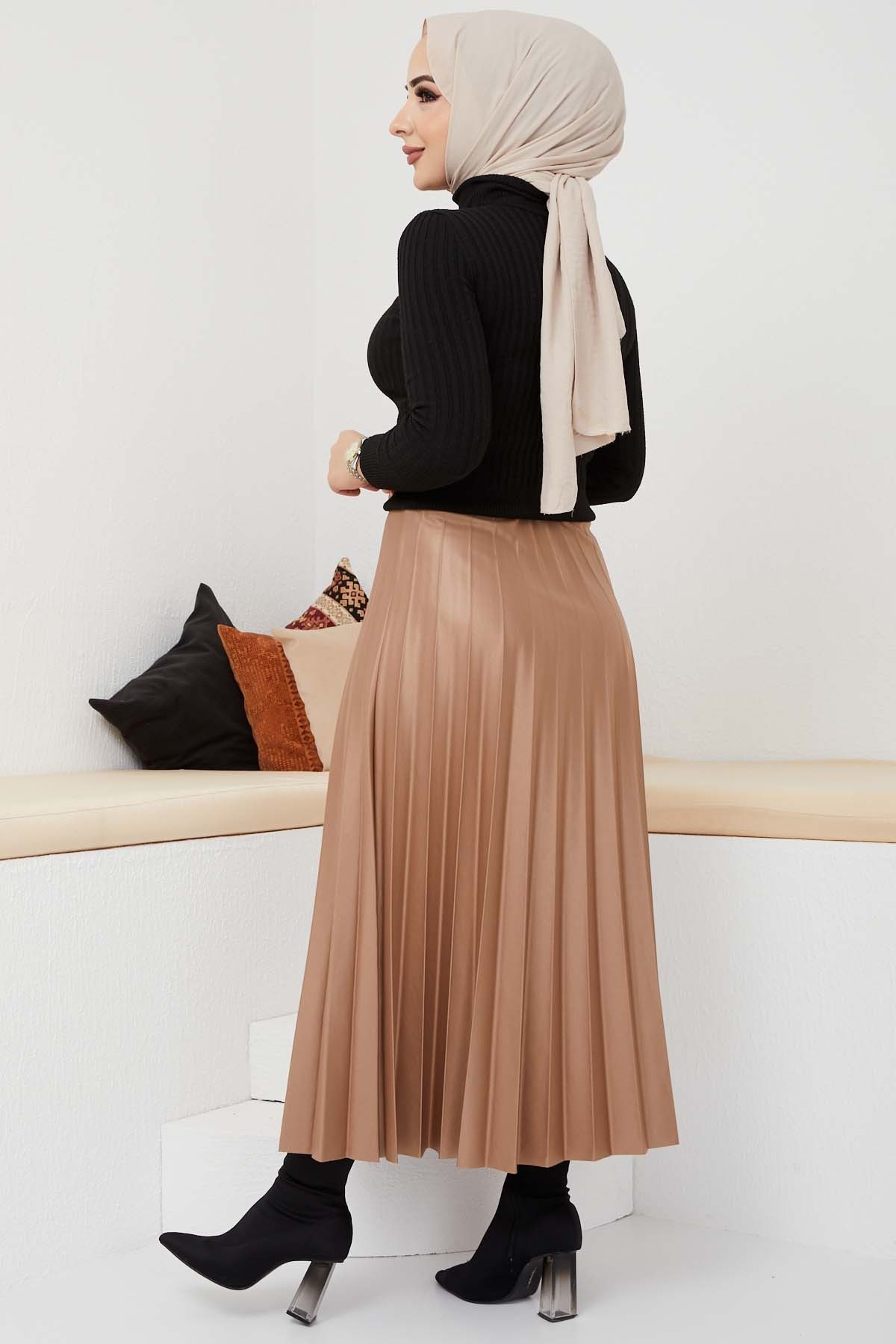 Pliseli Deri Etek - Camel