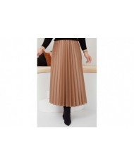 Pliseli Deri Etek - Camel