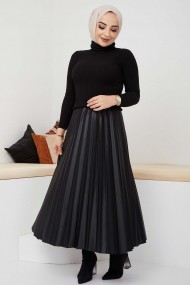 Pliseli Deri Etek - Siyah