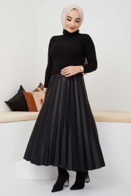 Pliseli Deri Etek - Siyah