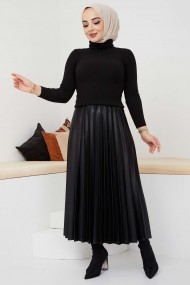 Pliseli Deri Etek - Siyah