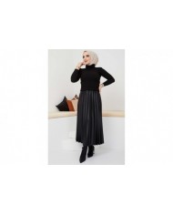 Pliseli Deri Etek - Siyah