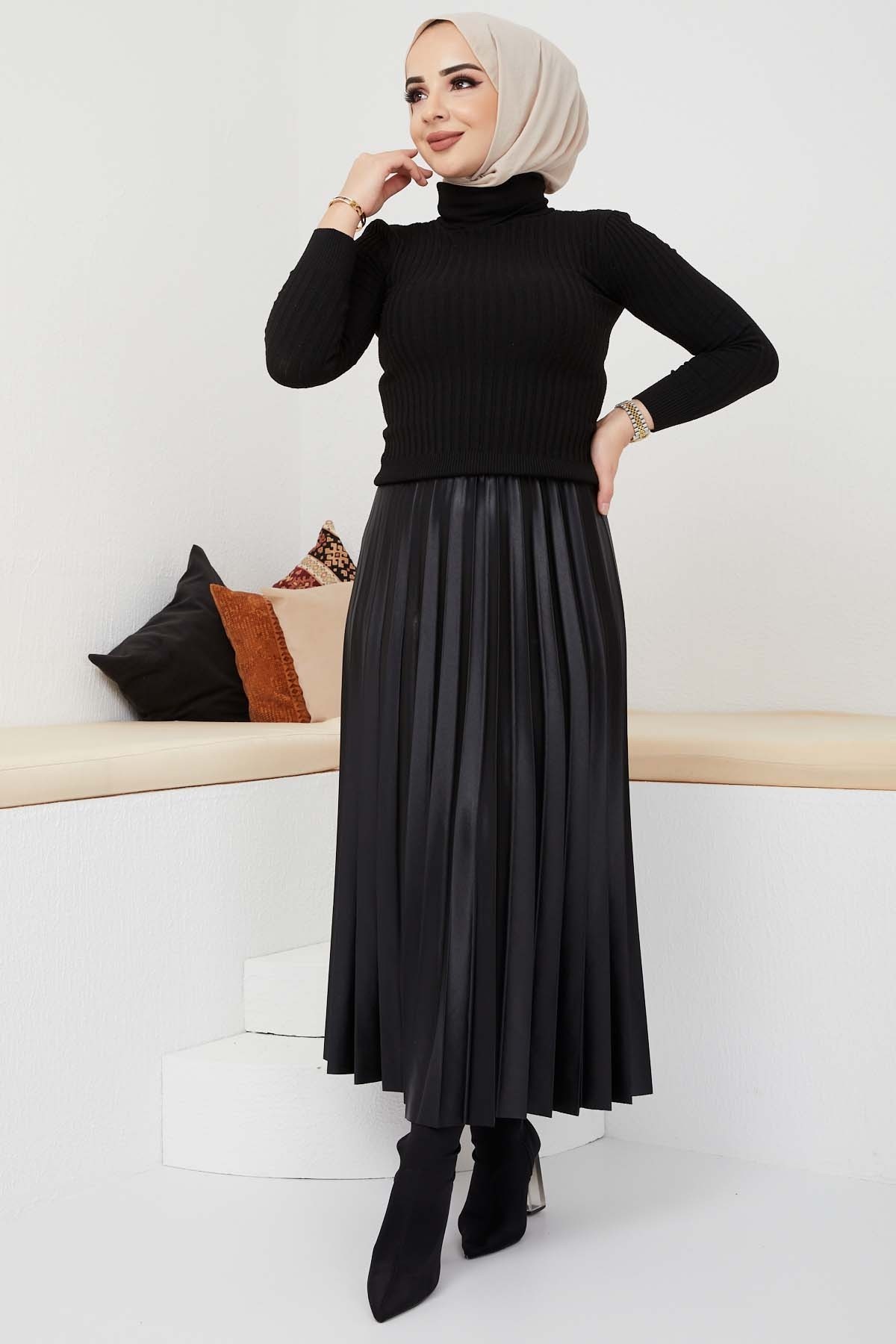 Pliseli Deri Etek - Siyah