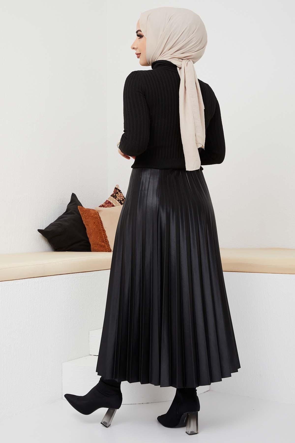 Pliseli Deri Etek - Siyah