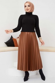 Pliseli Deri Etek - Taba