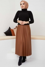 Pliseli Deri Etek - Taba