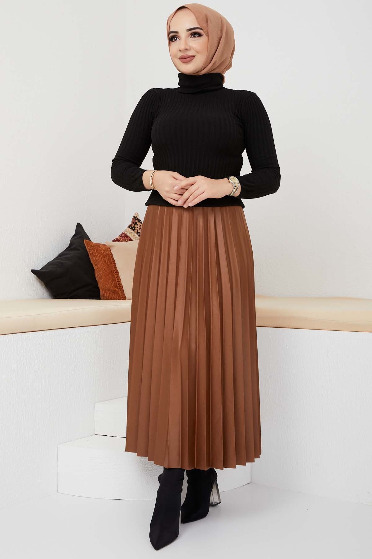 Pliseli Deri Etek - Taba