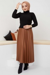 Pliseli Deri Etek - Taba