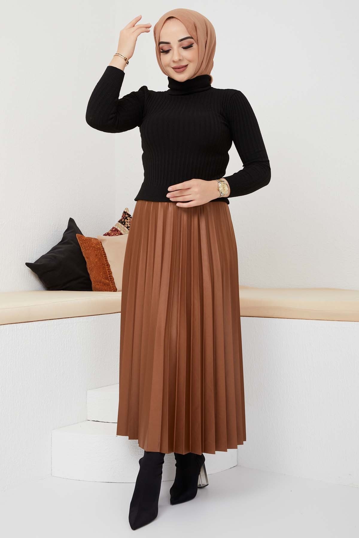 Pliseli Deri Etek - Taba