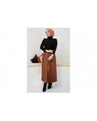 Pliseli Deri Etek - Taba