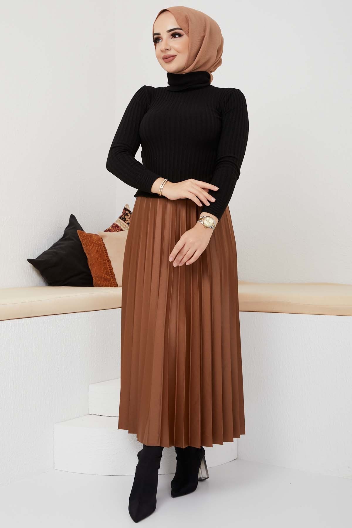 Pliseli Deri Etek - Taba