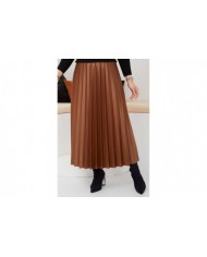 Pliseli Deri Etek - Taba