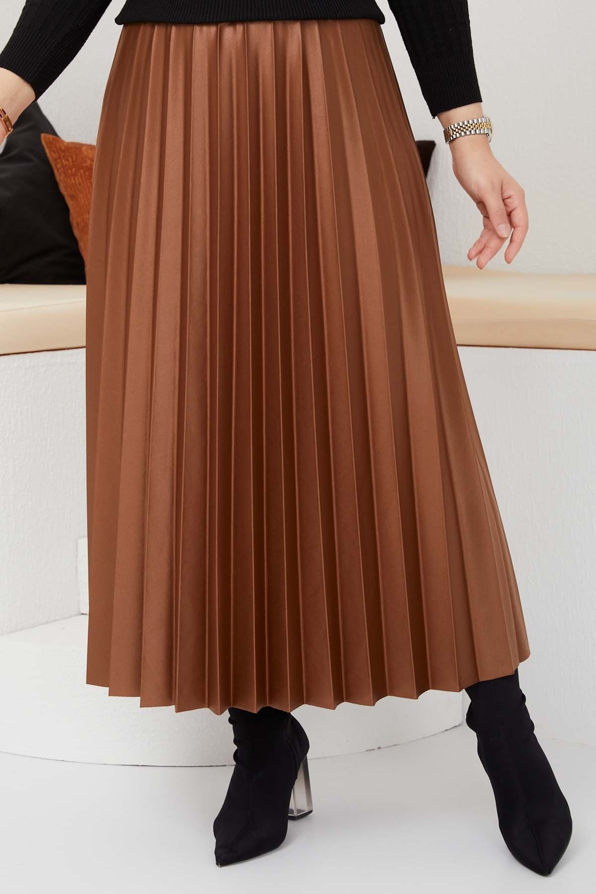 Pliseli Deri Etek - Taba