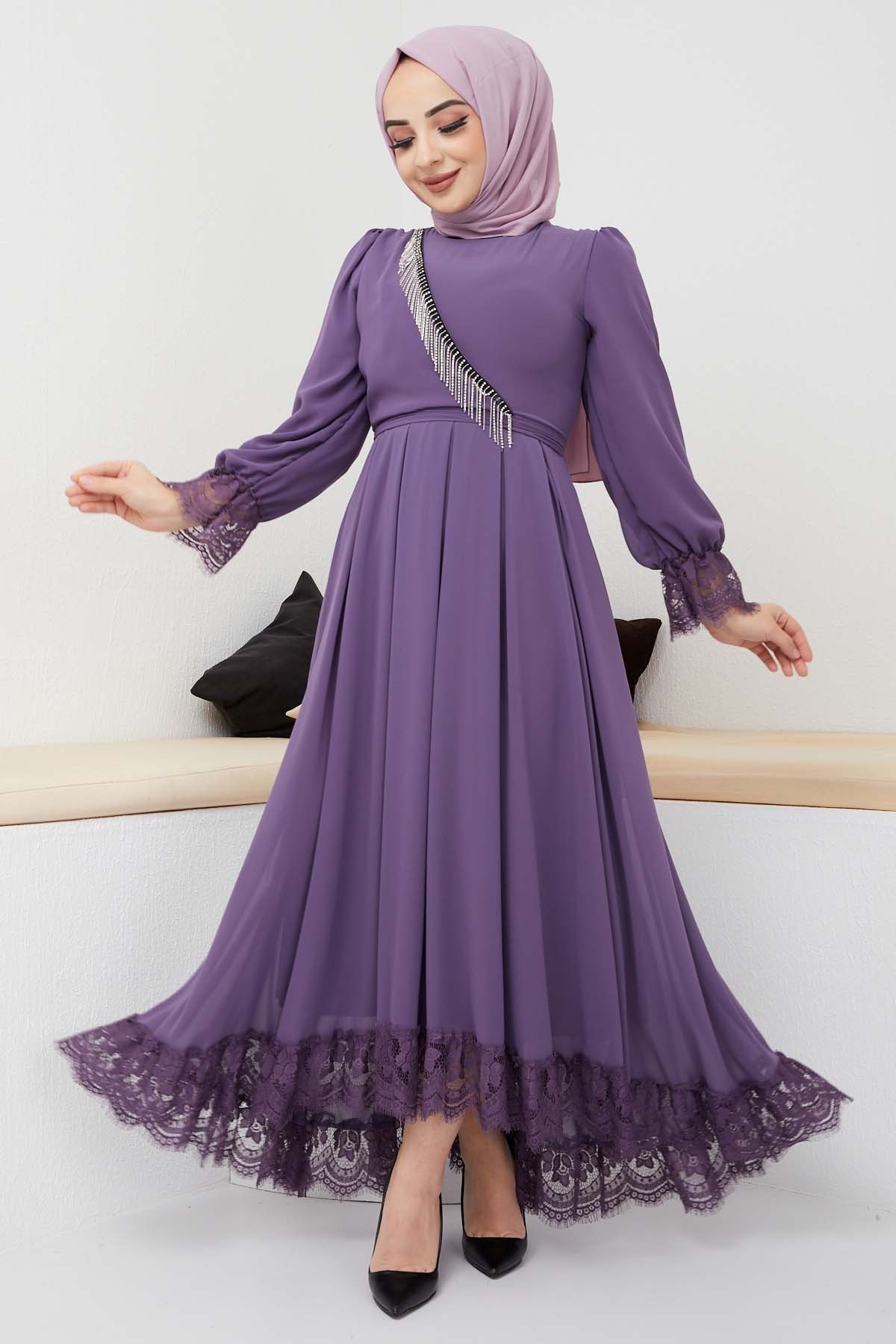 Şifon Güpür Abiye - Lila
