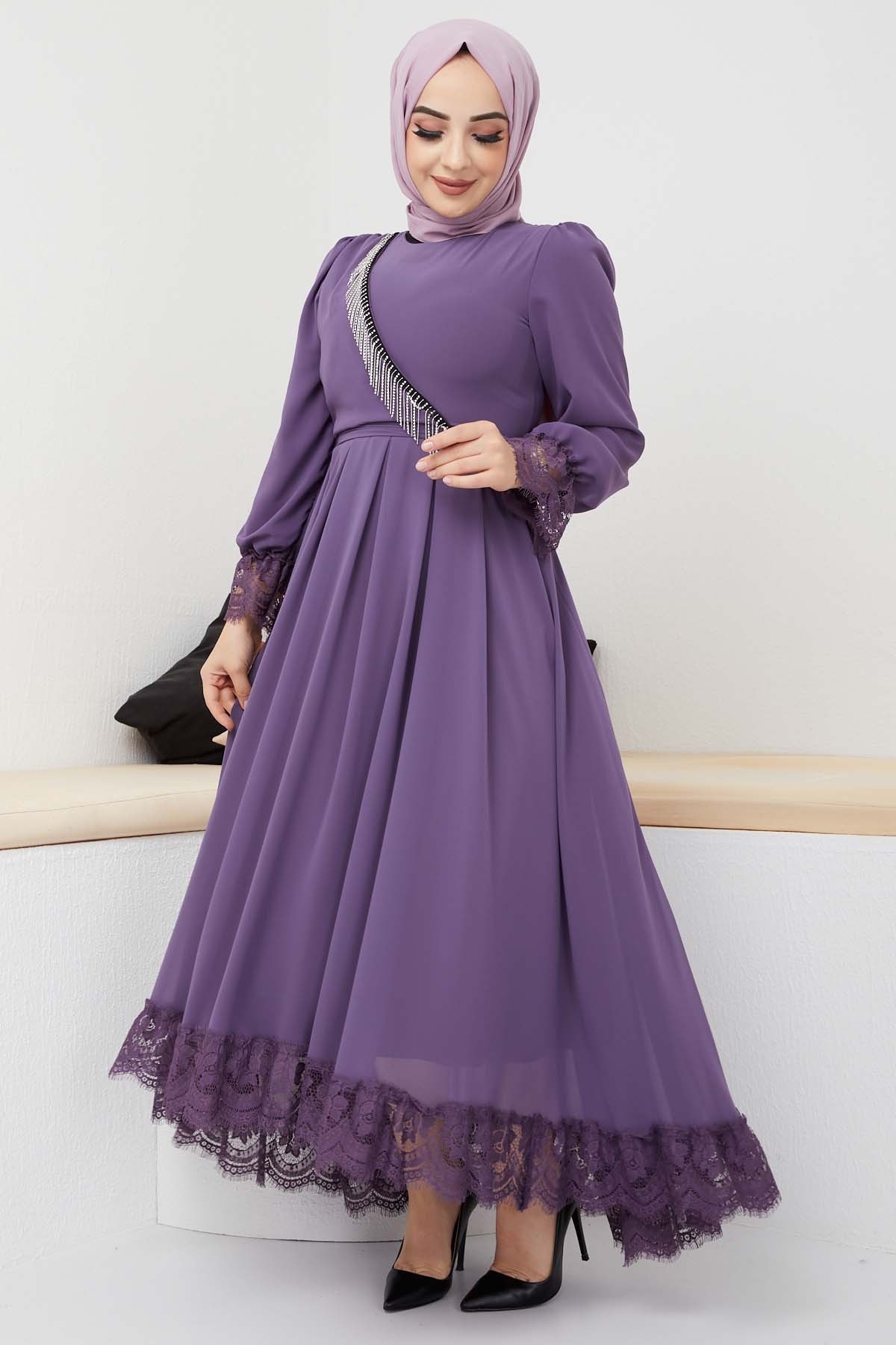 Şifon Güpür Abiye - Lila