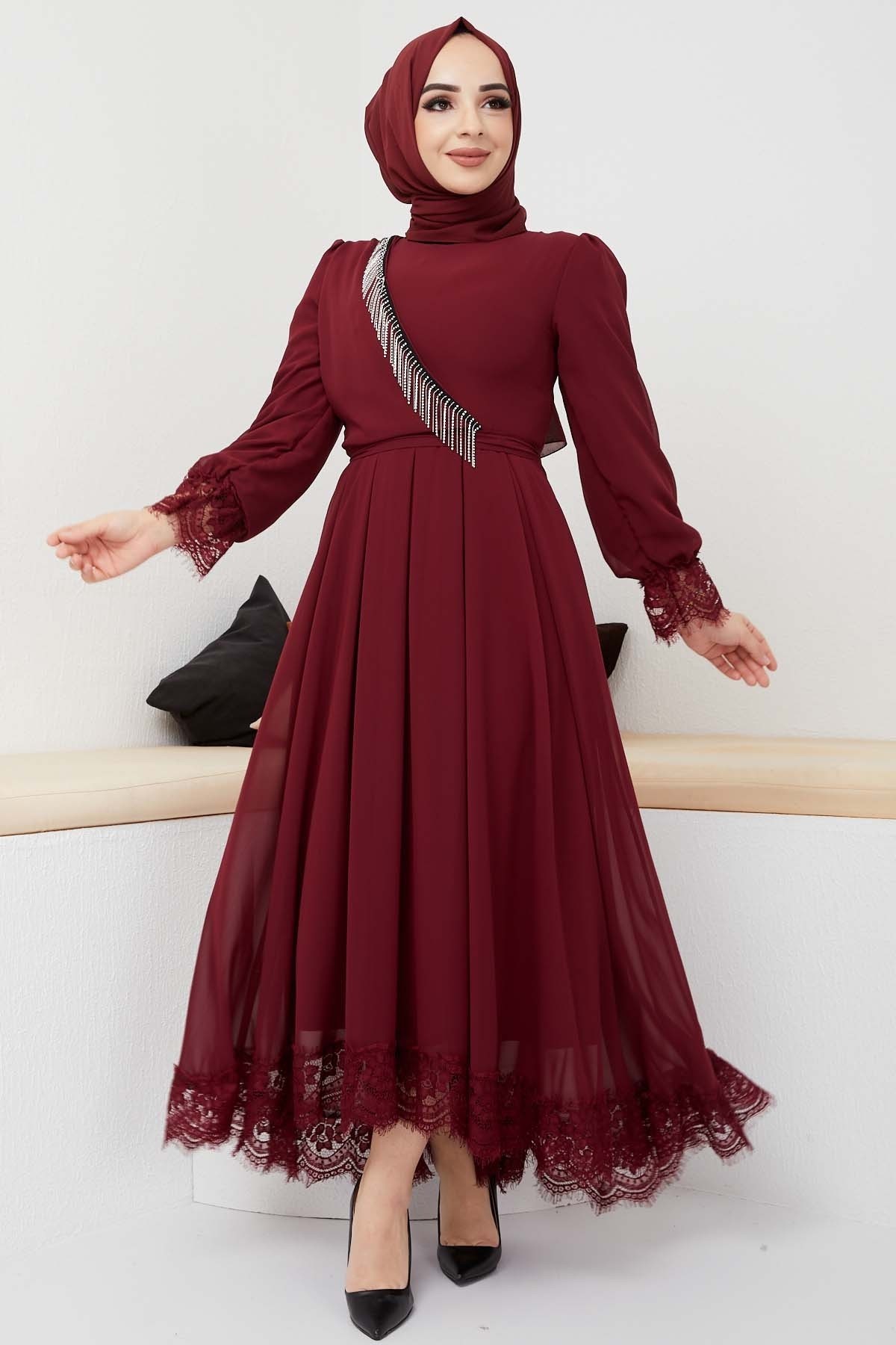 Şifon Güpür Abiye - Bordo
