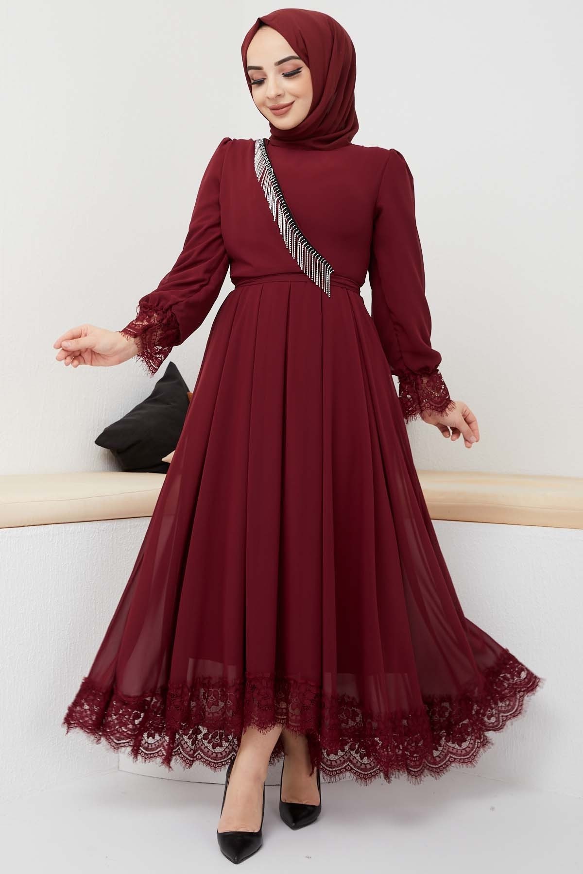Şifon Güpür Abiye - Bordo