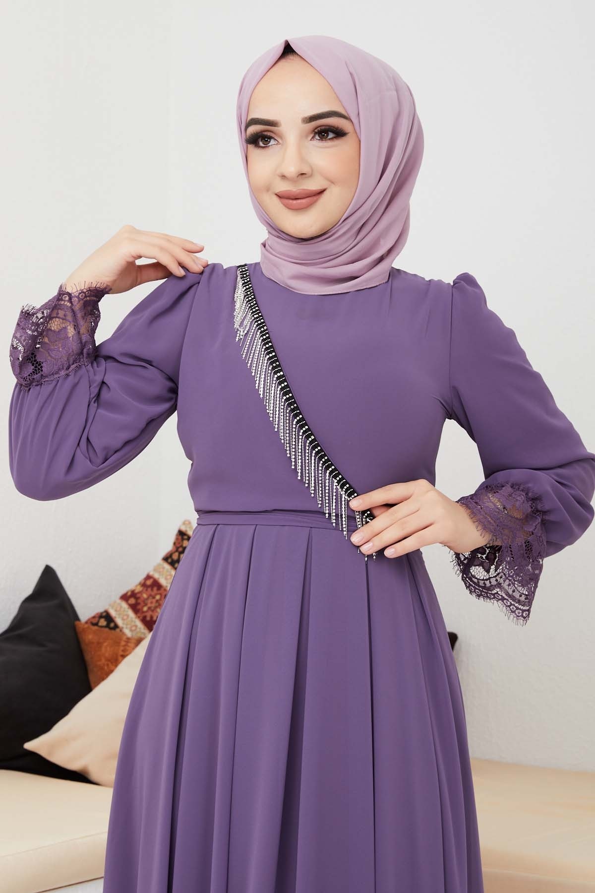 Şifon Güpür Abiye - Lila