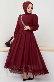 Şifon Güpür Abiye - Bordo