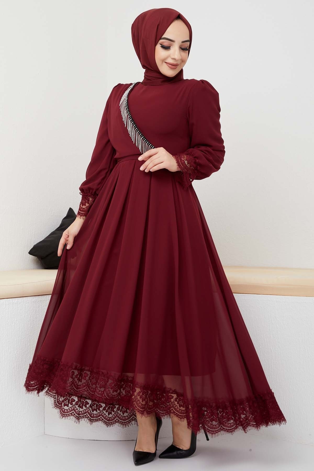 Şifon Güpür Abiye - Bordo