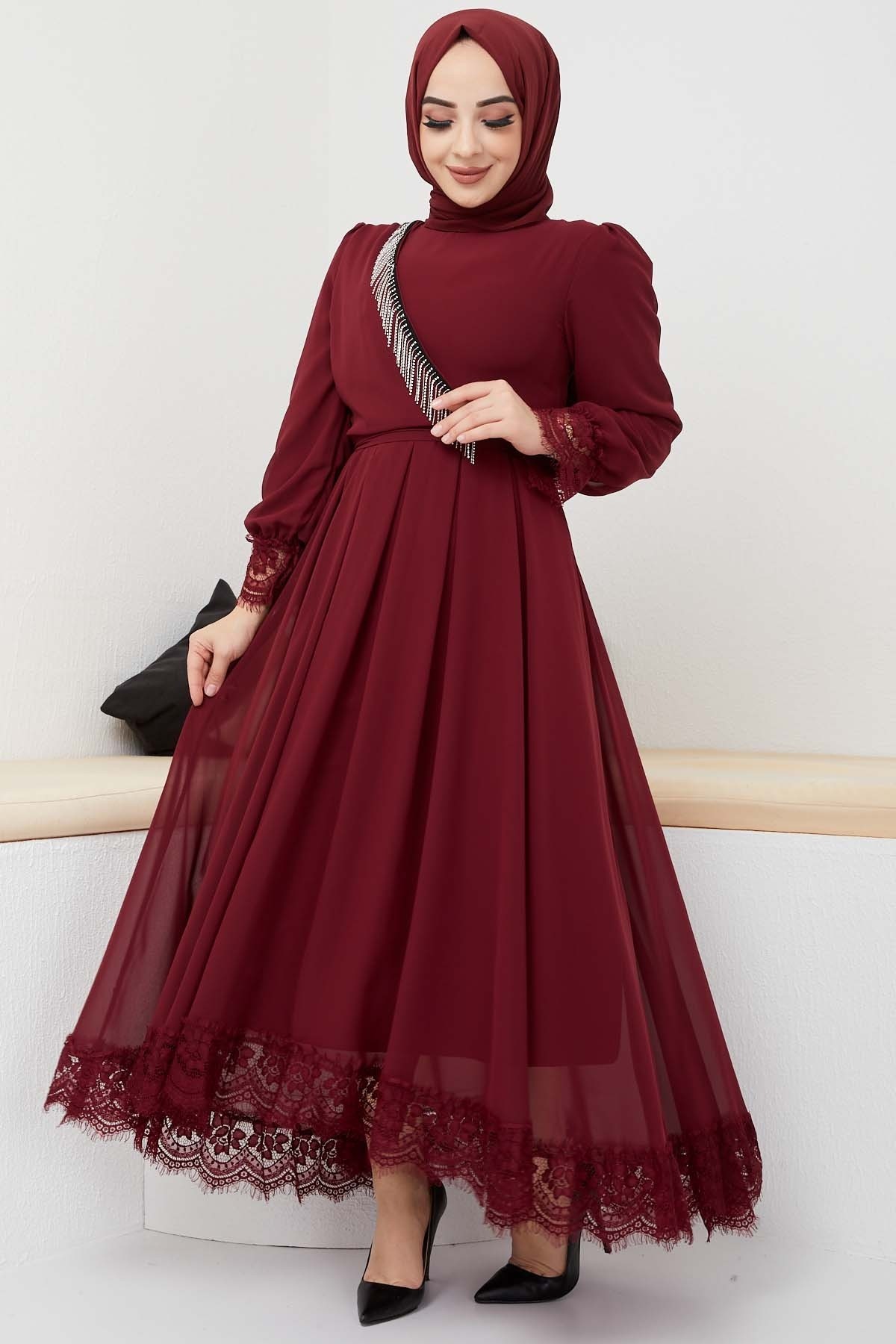 Şifon Güpür Abiye - Bordo