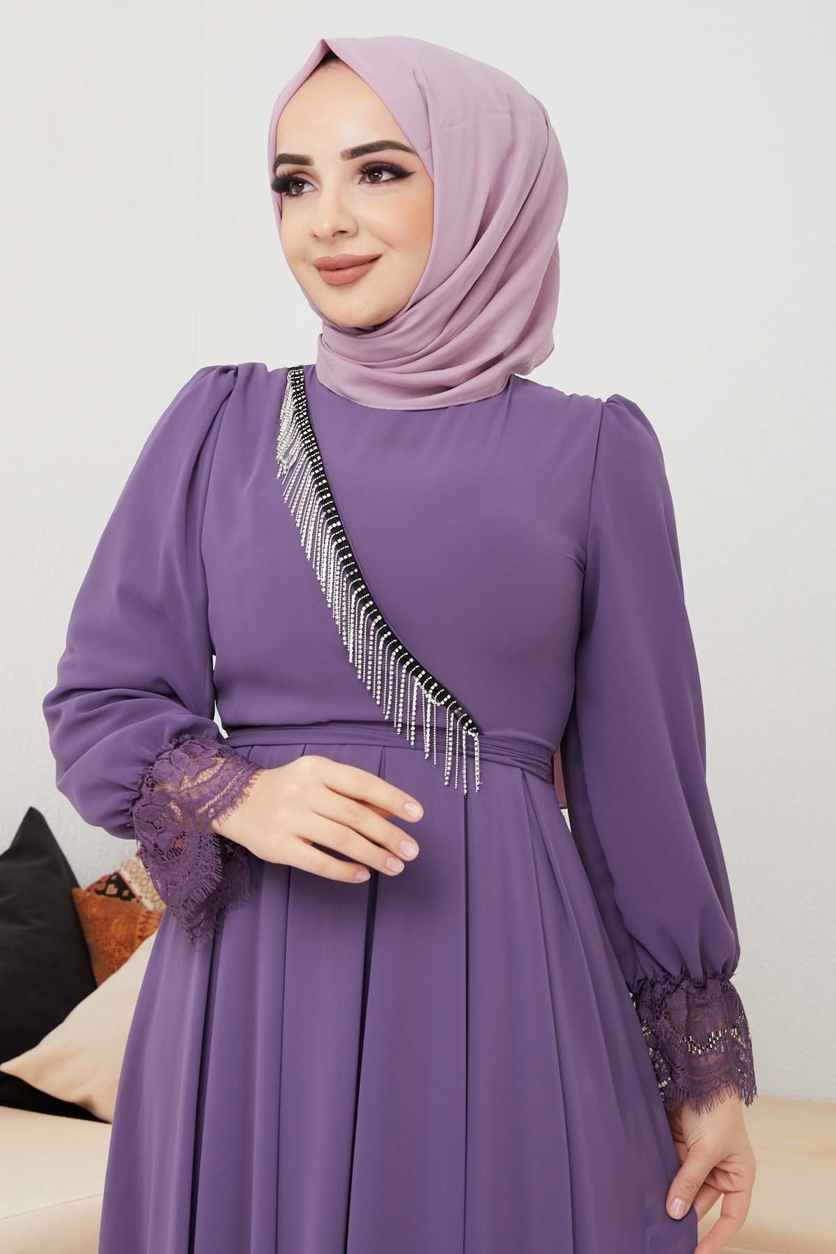 Şifon Güpür Abiye - Lila