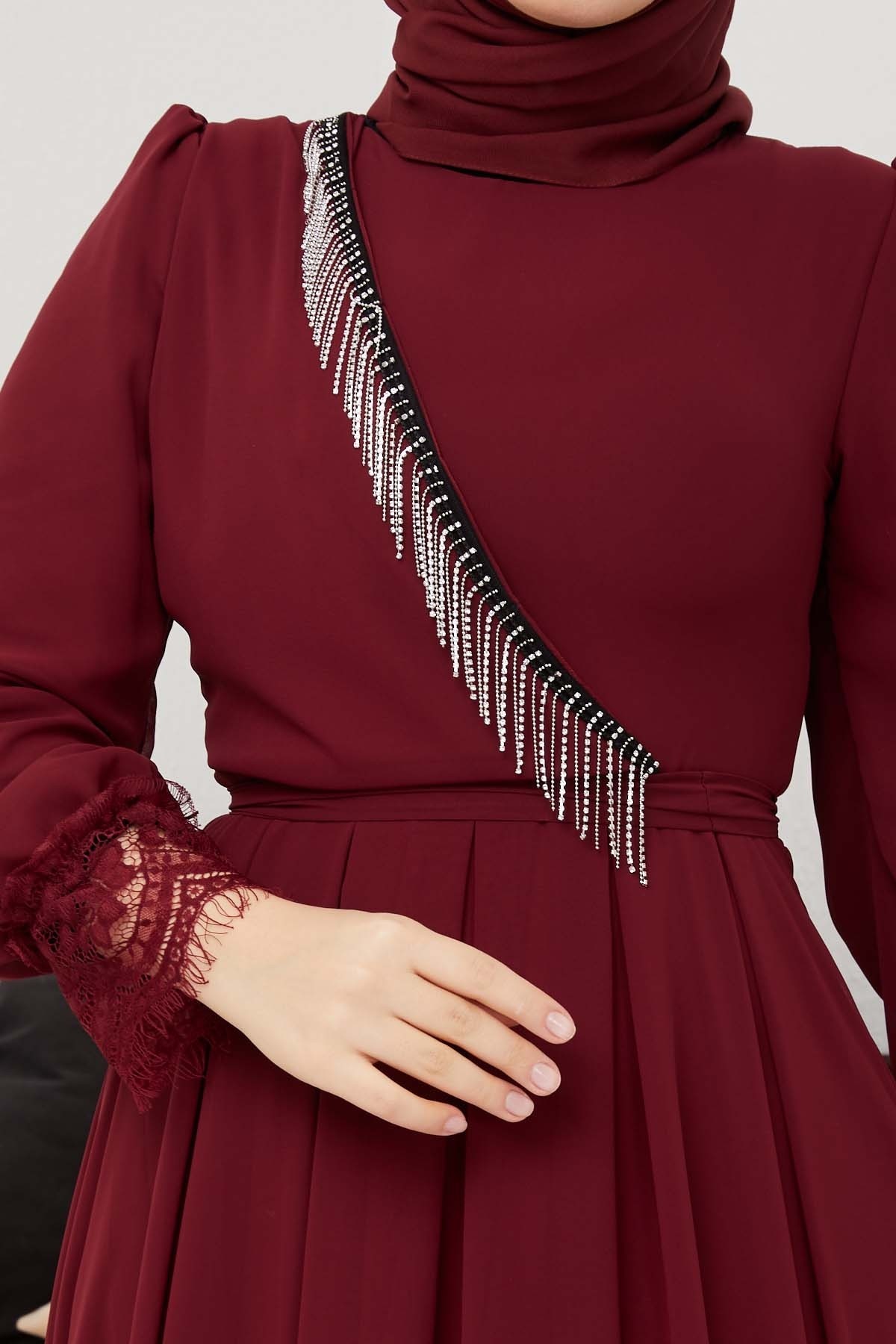 Şifon Güpür Abiye - Bordo