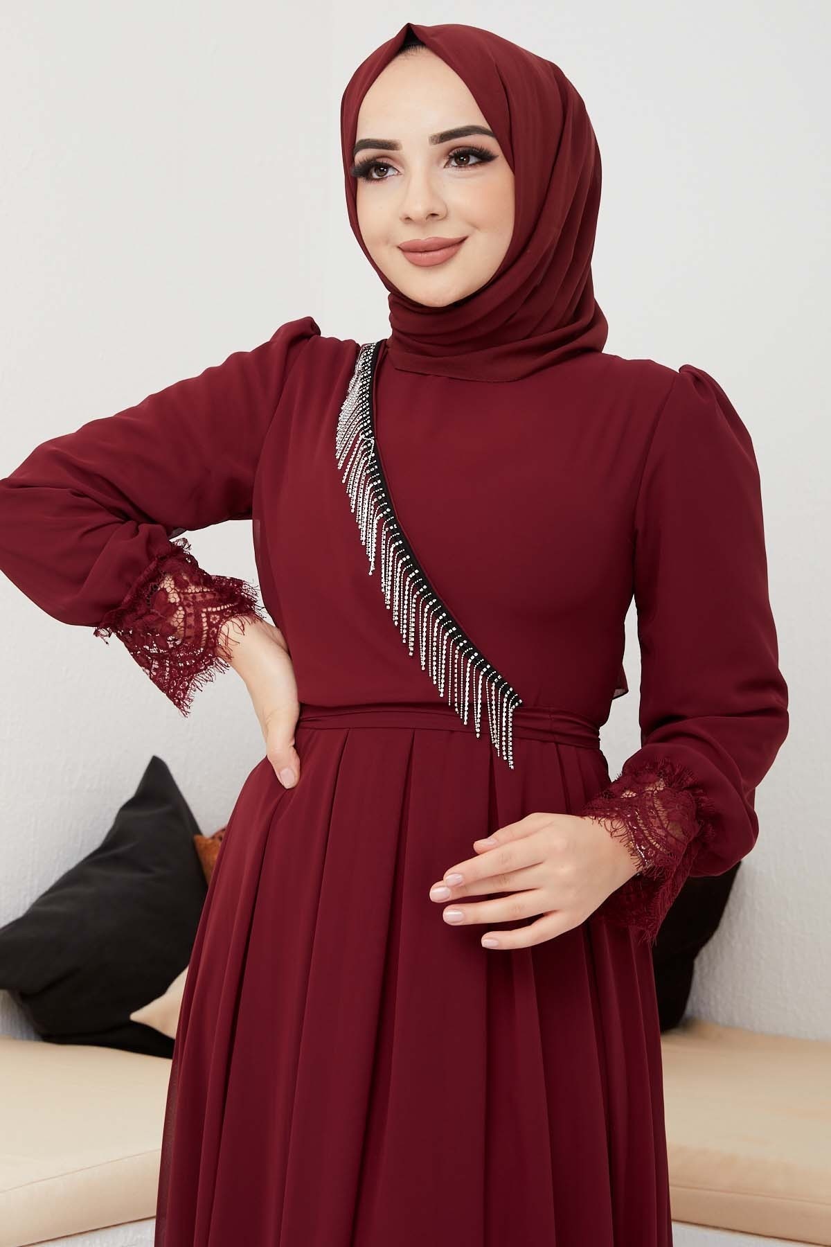 Şifon Güpür Abiye - Bordo