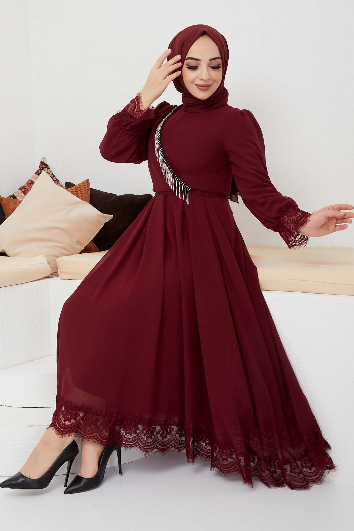 Şifon Güpür Abiye - Bordo