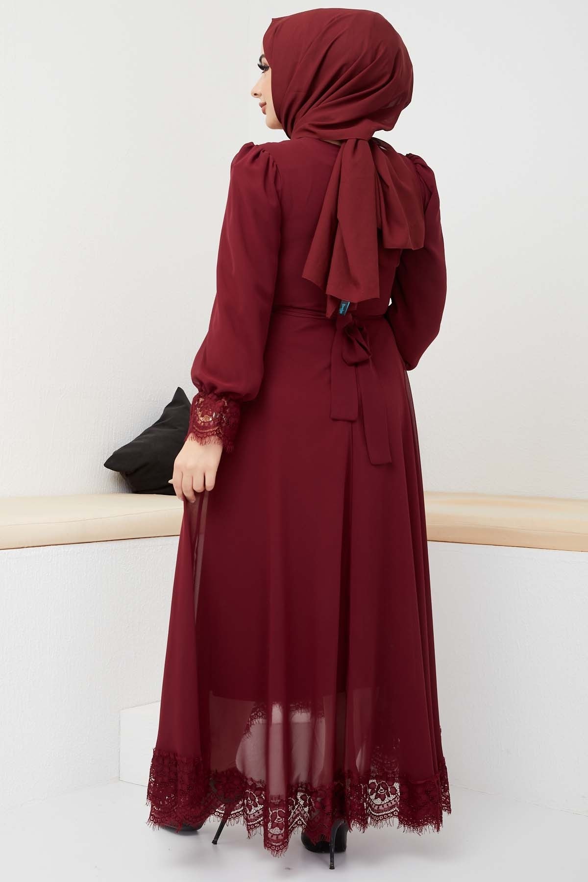 Şifon Güpür Abiye - Bordo