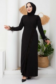 Tüy Detaylı Abiye - Siyah