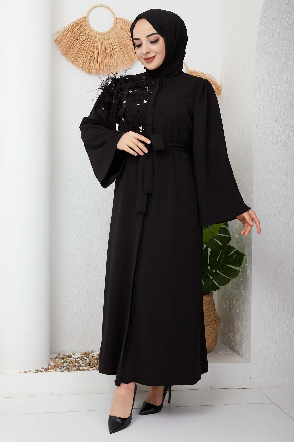 Taşlı Abaya - Siyah