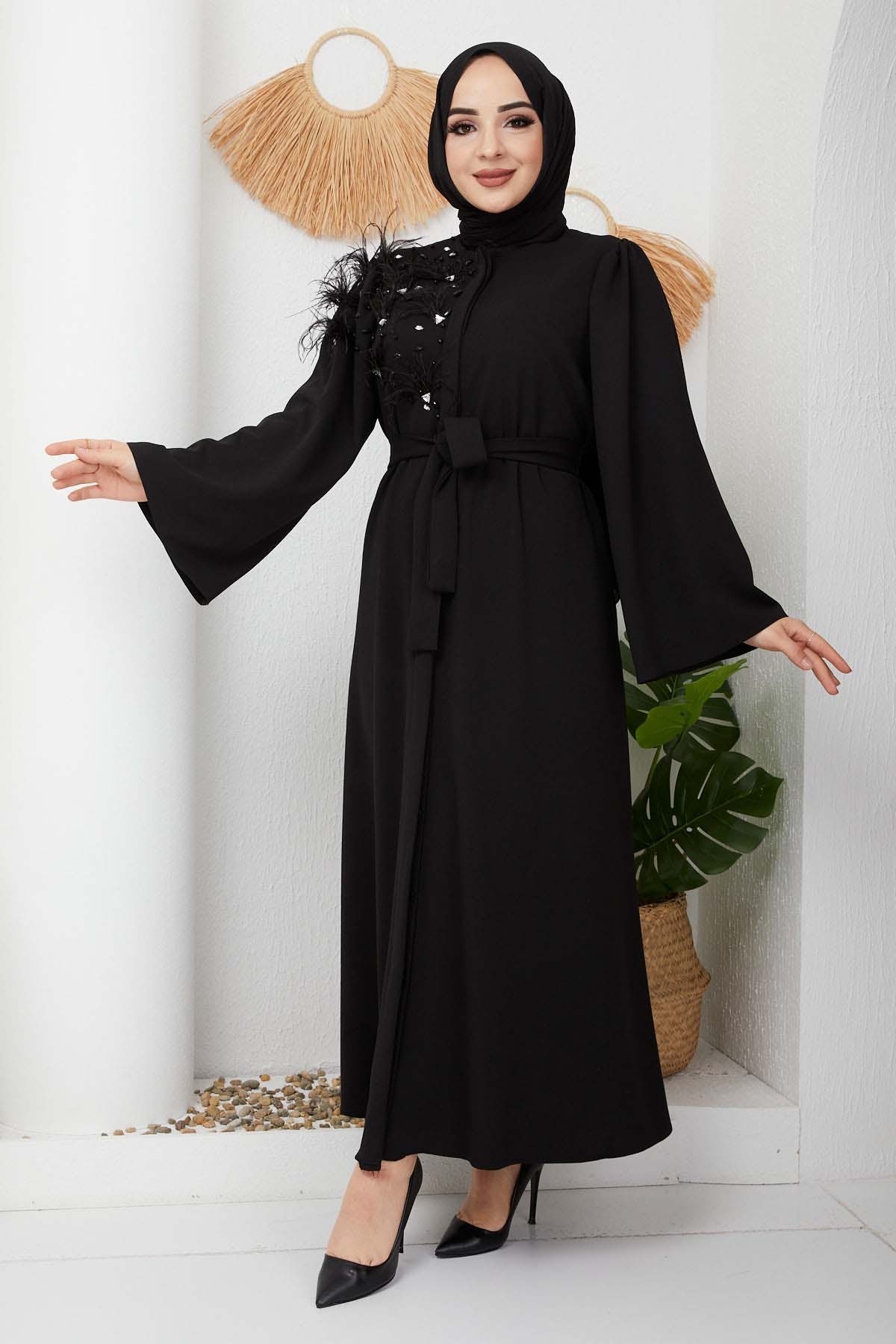 Taşlı Abaya - Siyah