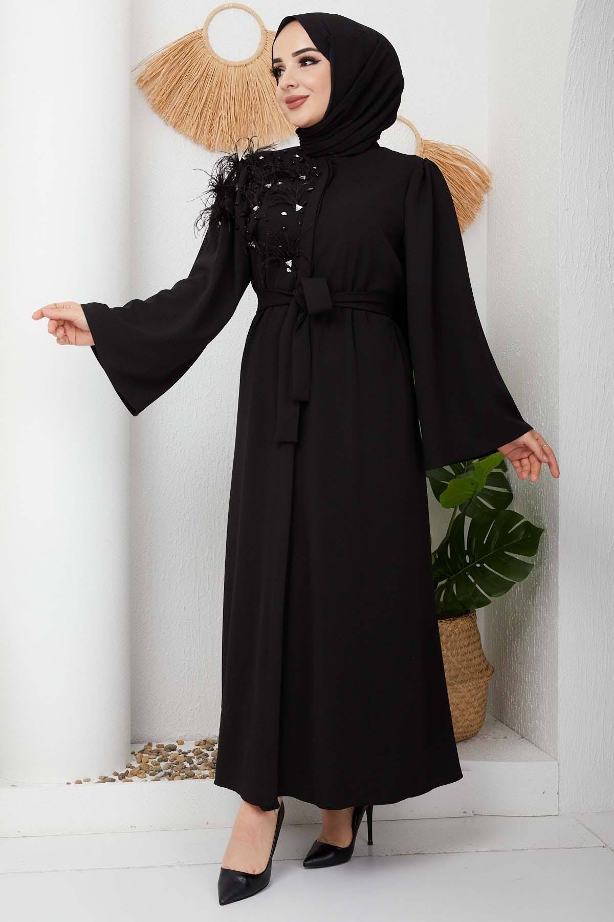 Taşlı Abaya - Siyah