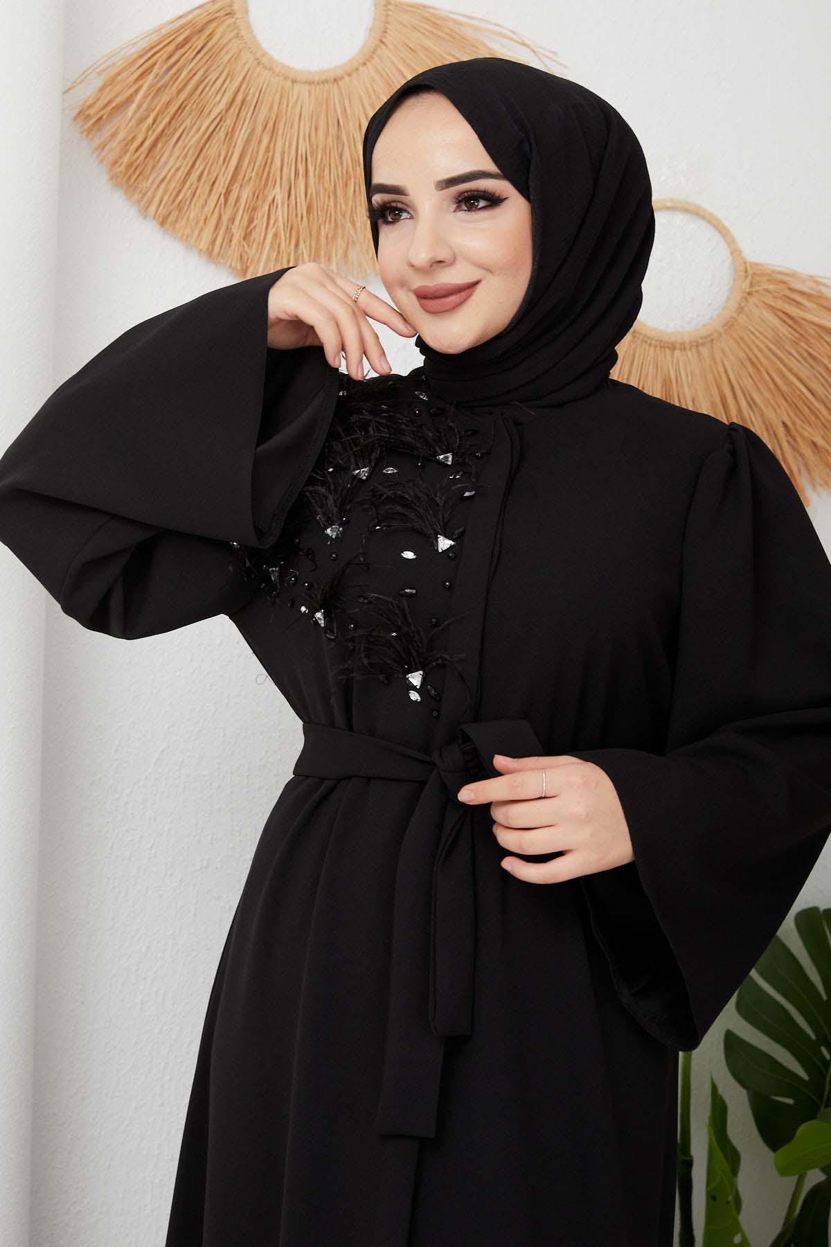 Taşlı Abaya - Siyah