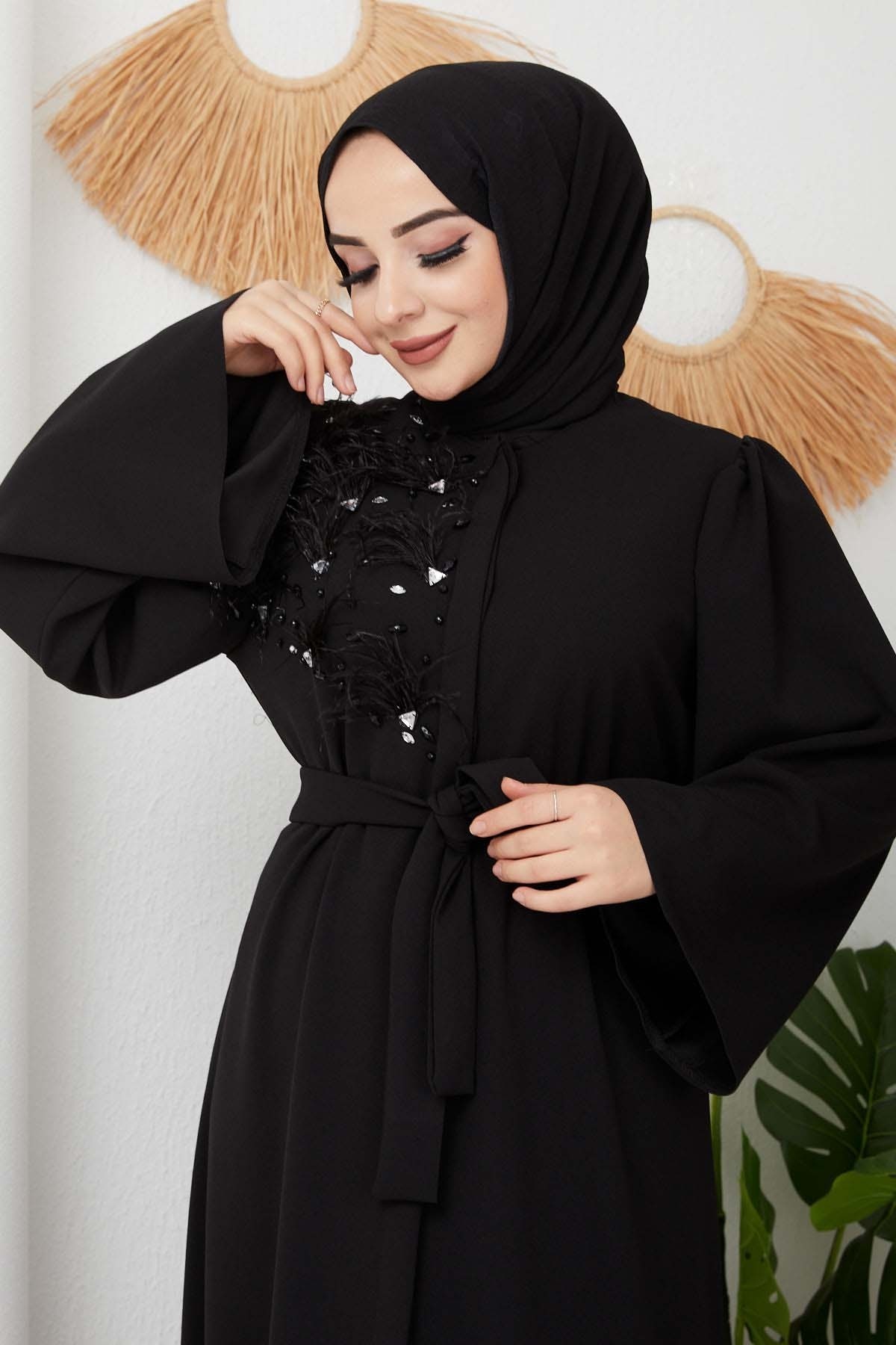 Taşlı Abaya - Siyah