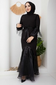 Saçaklı Abiye - Siyah