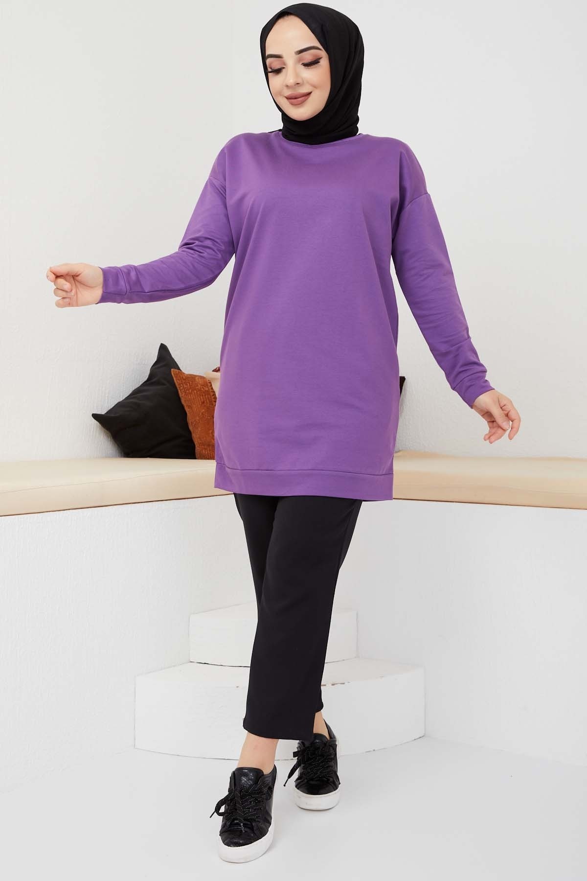 Düz Sade Sweat - Mor