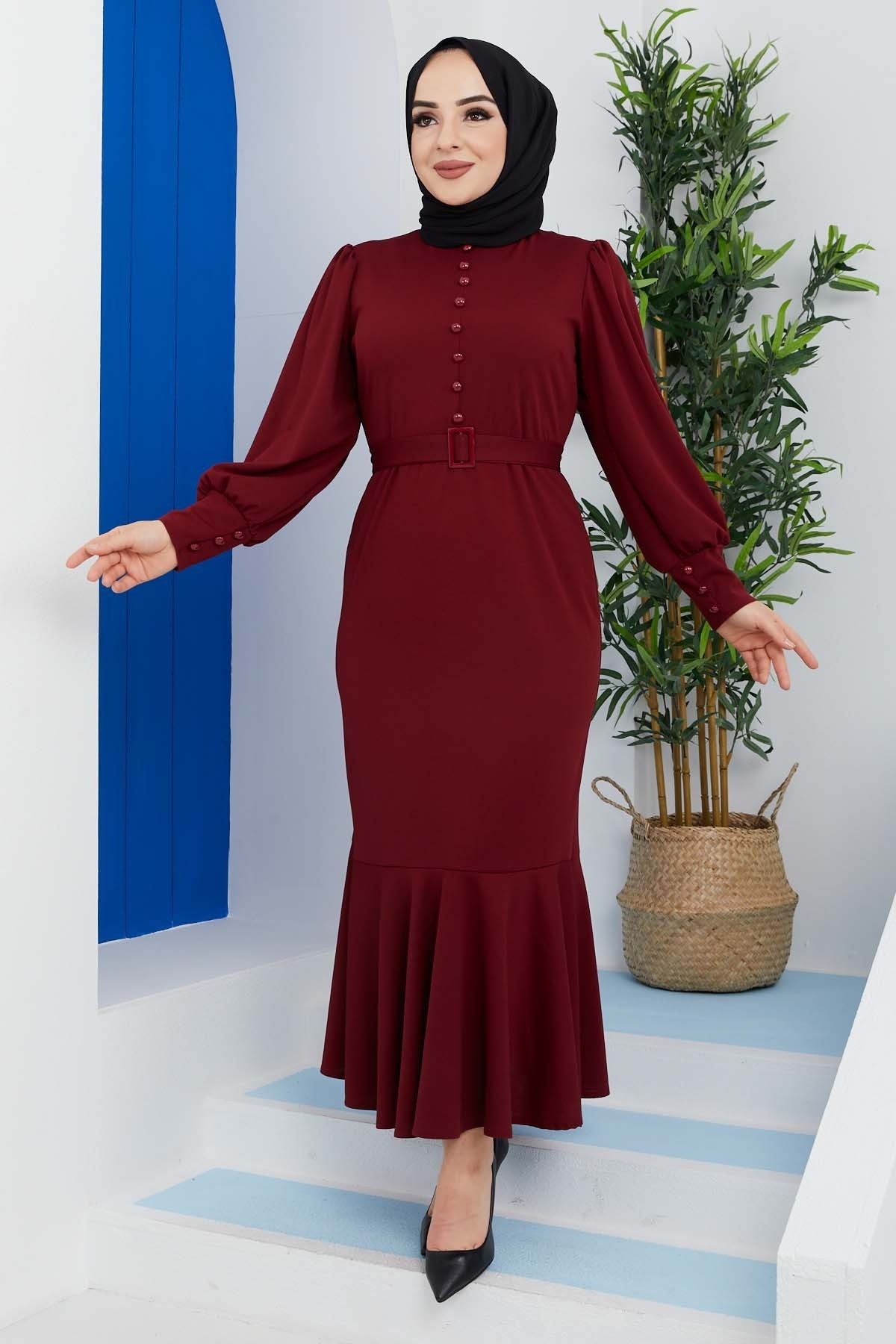 Düğmeli Elbise - Bordo