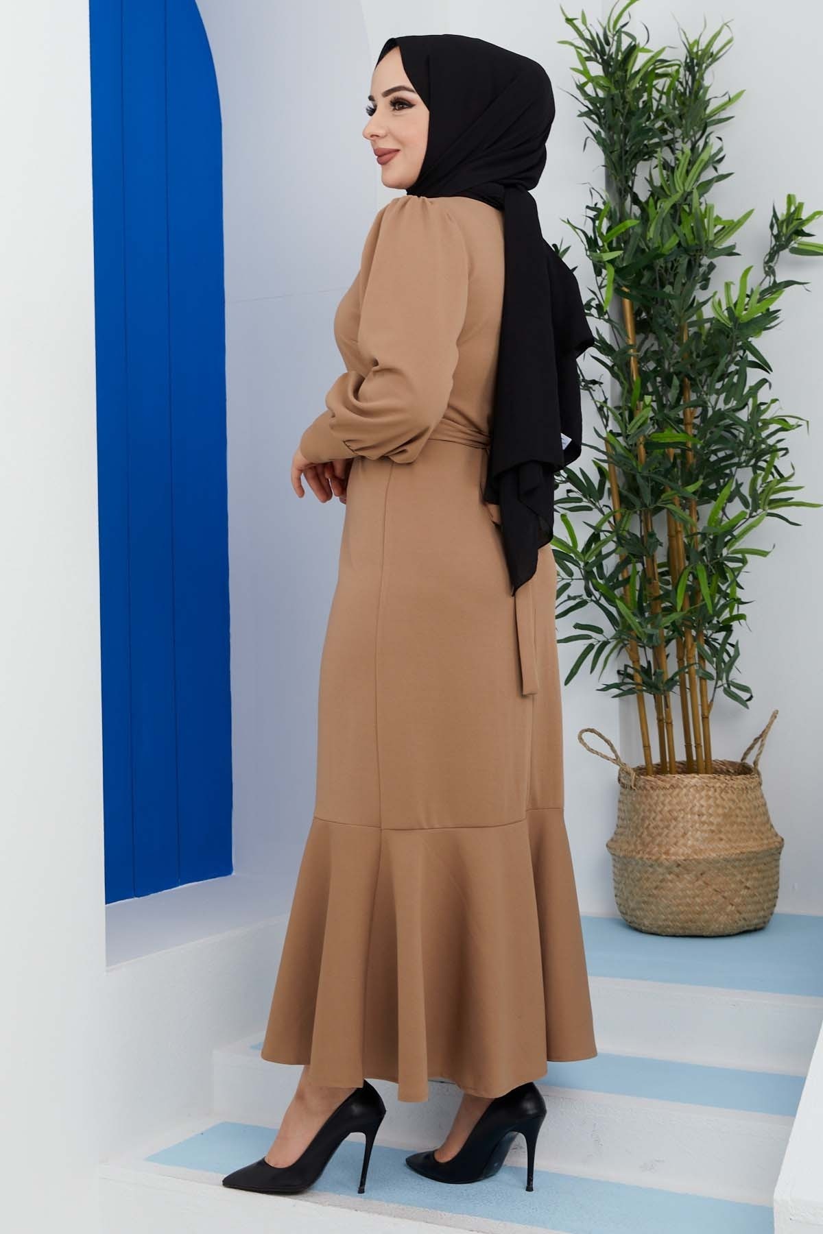 Düğmeli Elbise - Bej