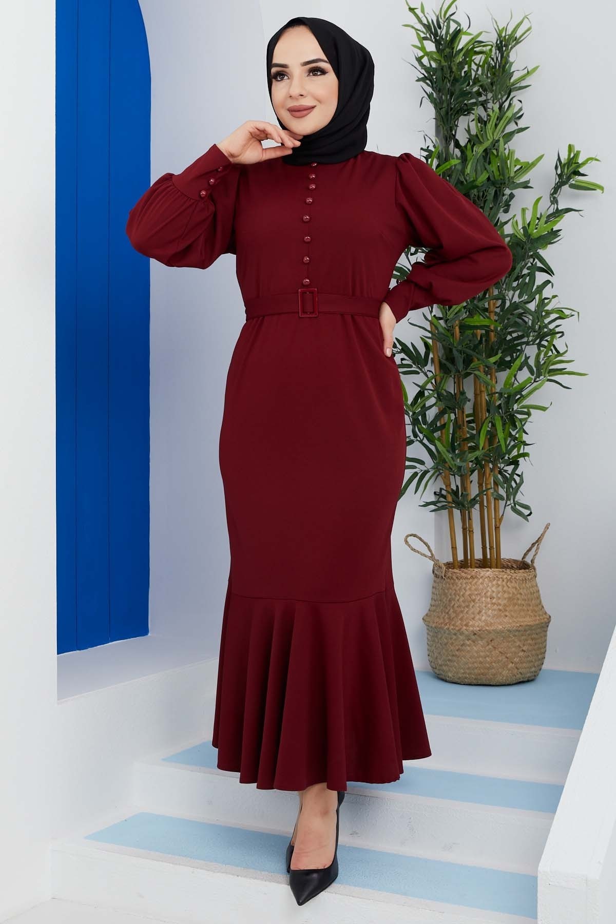 Düğmeli Elbise - Bordo