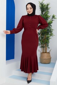 Düğmeli Elbise - Bordo