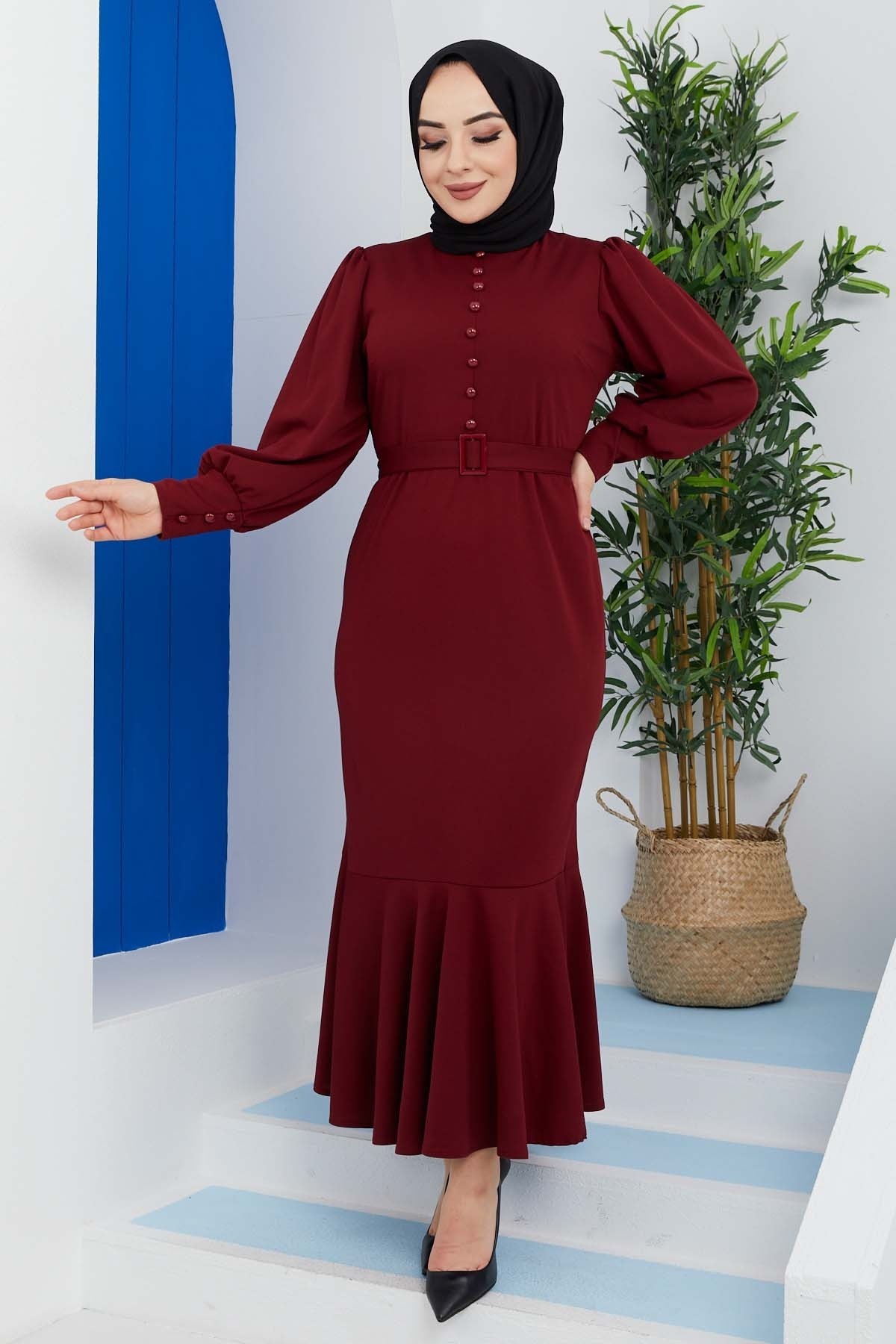 Düğmeli Elbise - Bordo