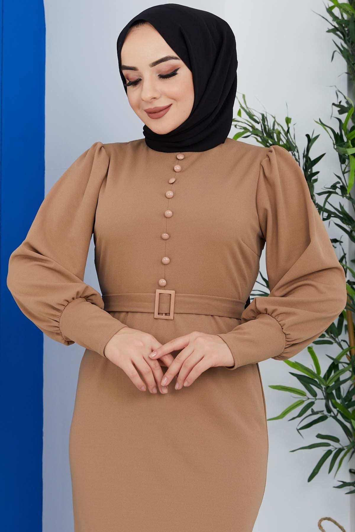 Düğmeli Elbise - Bej