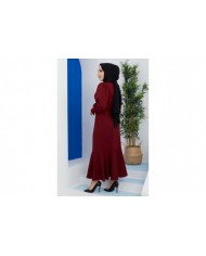 Düğmeli Elbise - Bordo